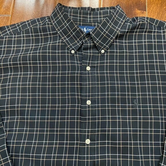 Polo Ralph Lauren Vintage 90s Big & Tall Checkered Black Tan Button Up Shirt XXL - Picture 2 of 7